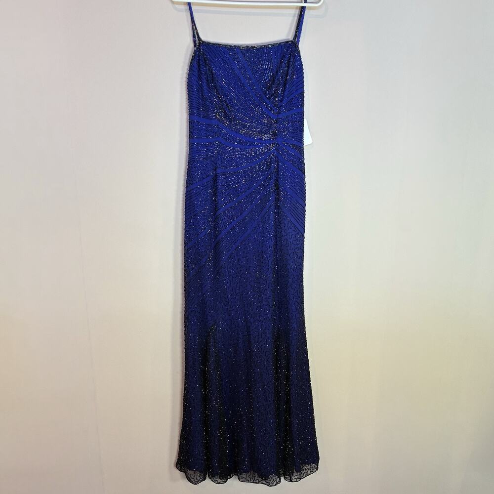 Mia Bella Silk Heavy Beaded Cocktail Maxi Gown Dress Blue Size L